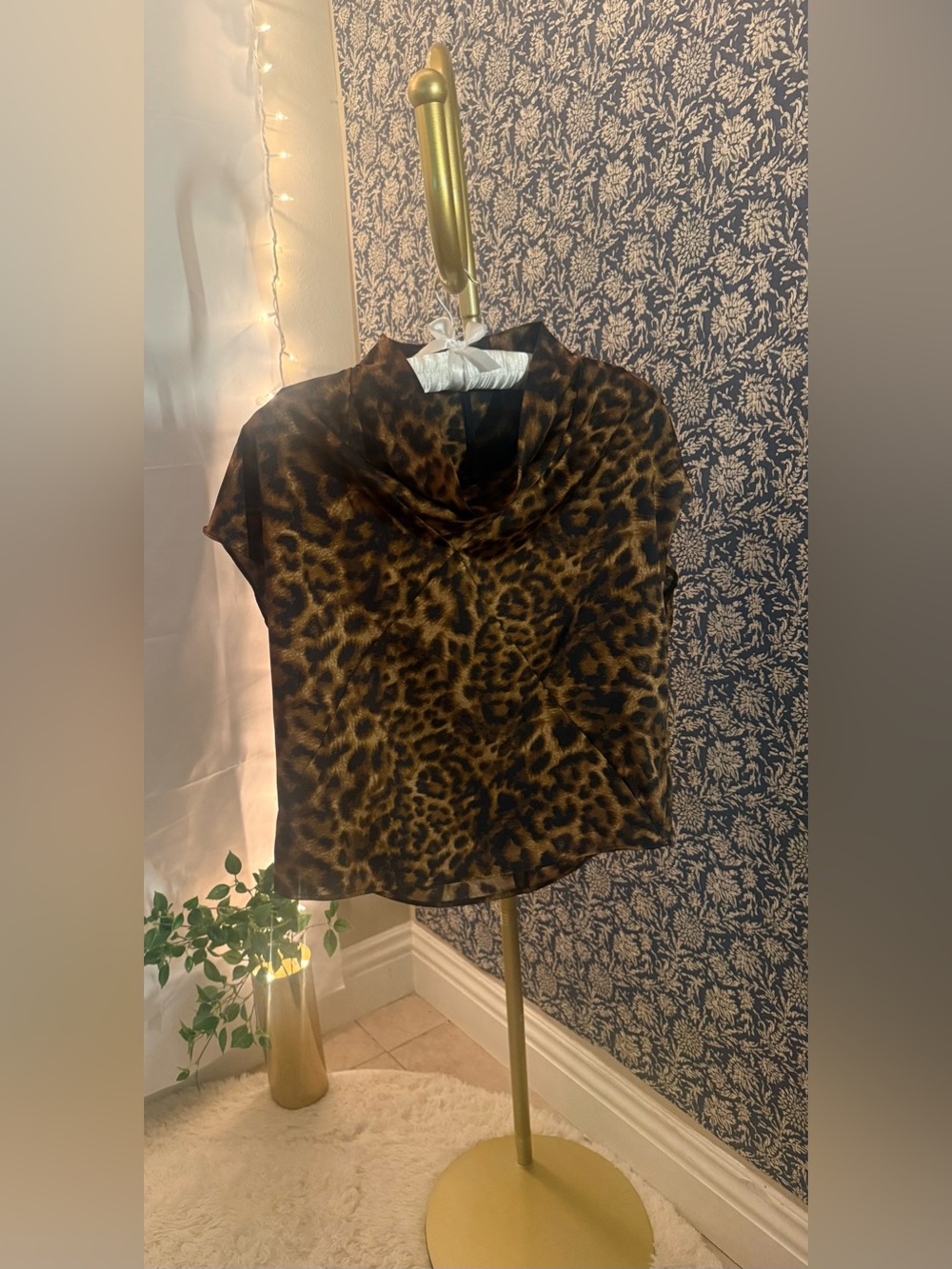 DKNY Leopard Print Draped Cowl Neck Blouse Size S